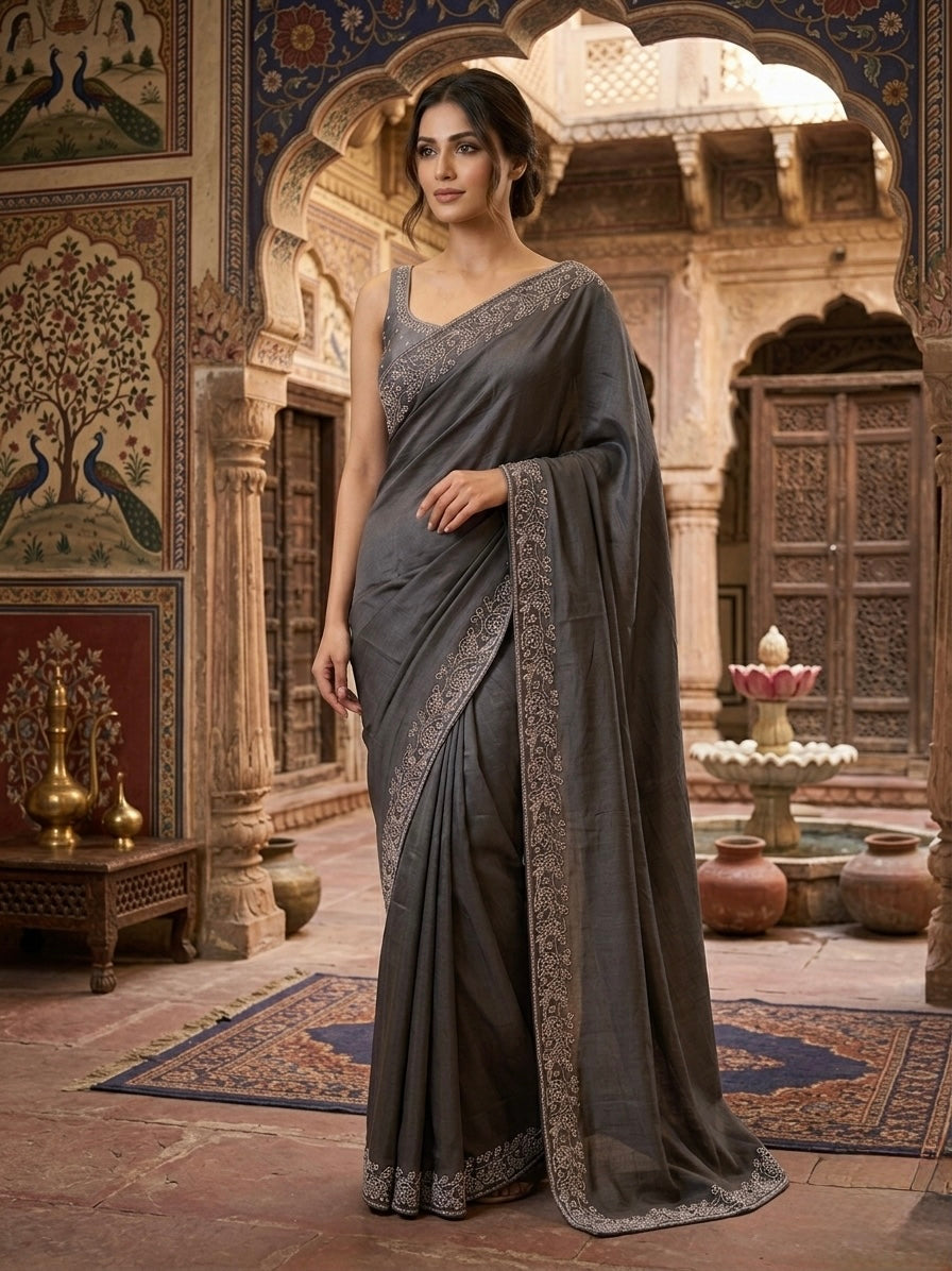 Woman in a grey embellished saree.