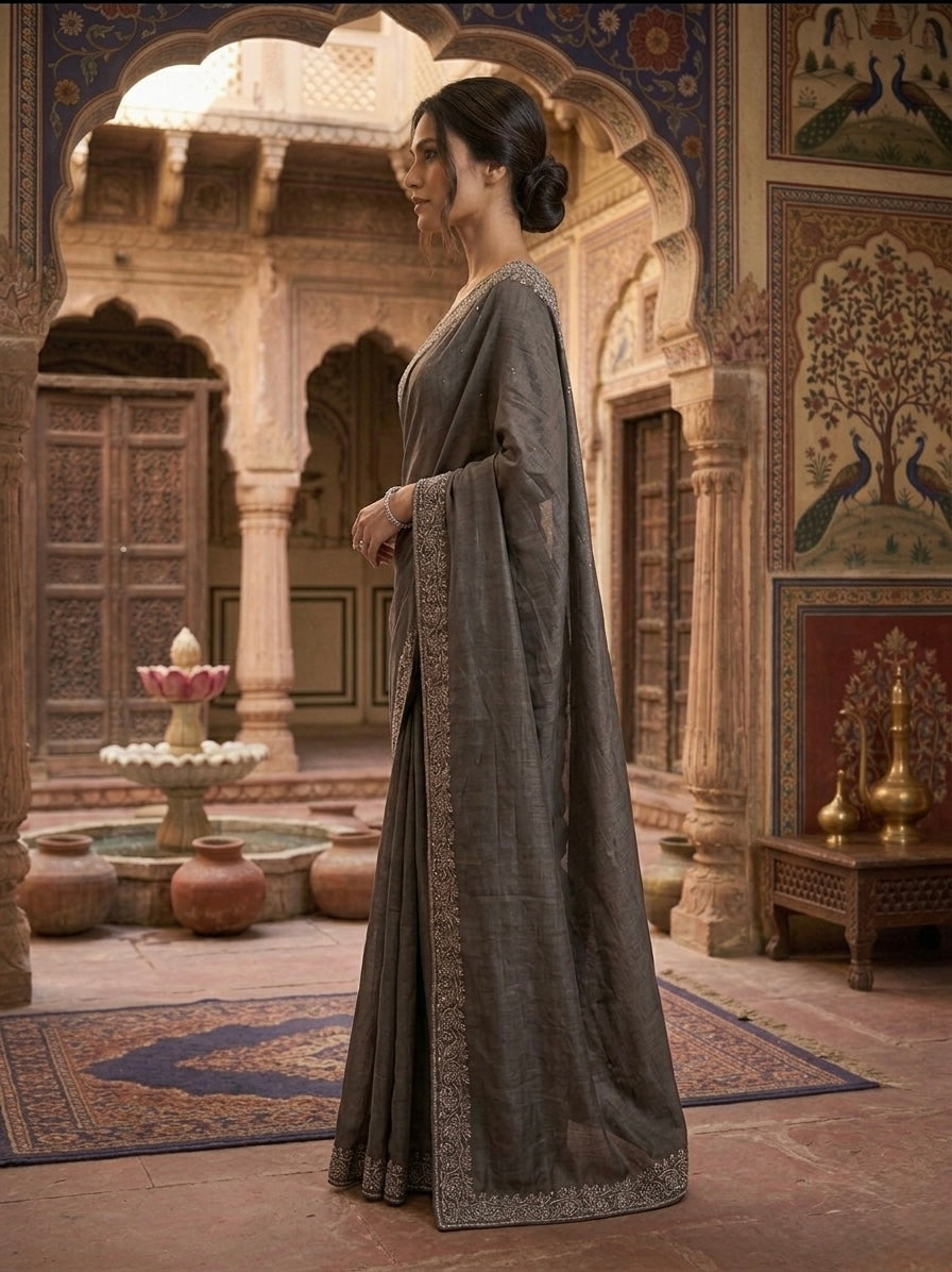 Grey Floral Poly Crepe Saree