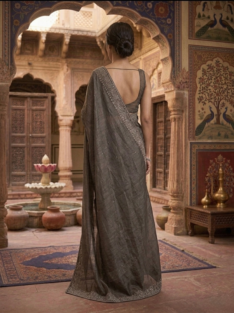 Grey Floral Poly Crepe Saree