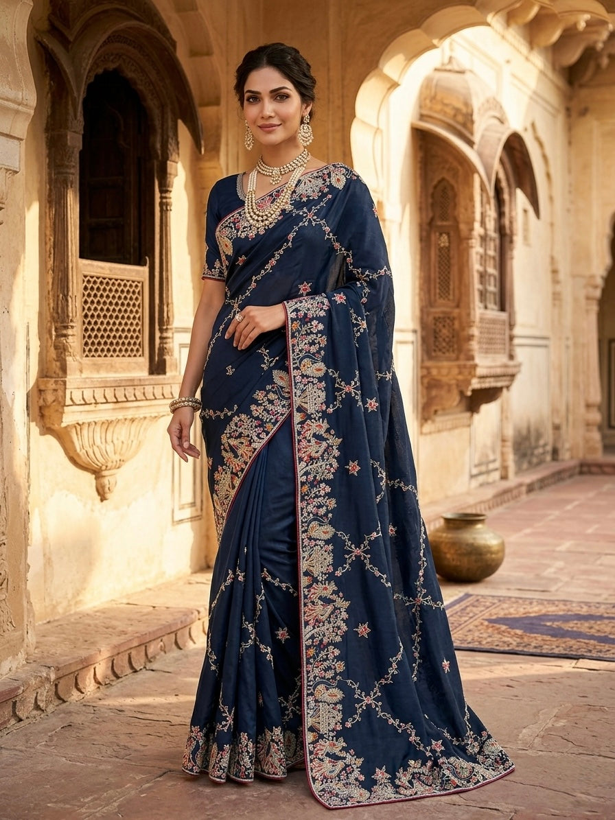 Navy Blue Designer Satin Saree