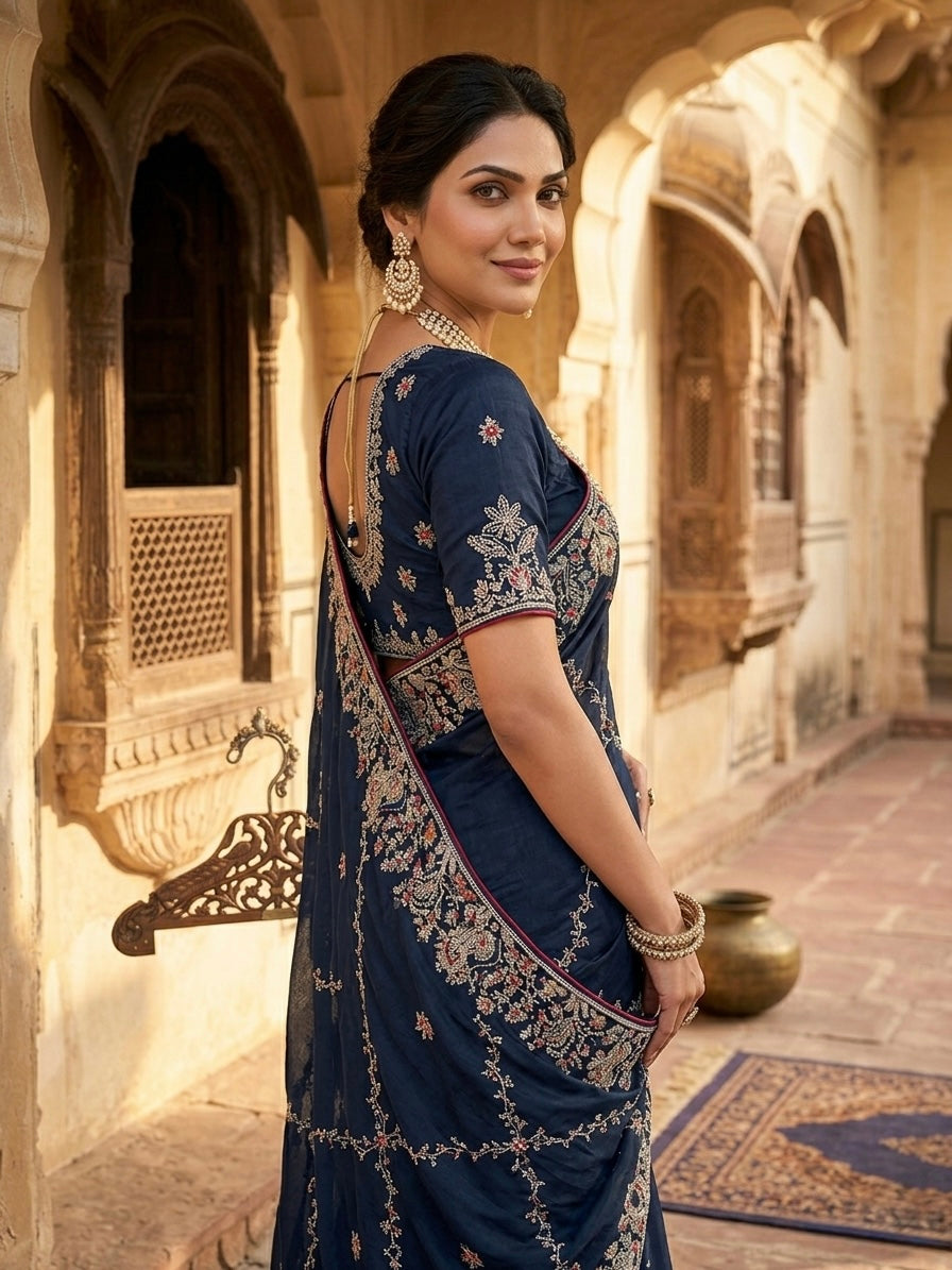 Navy Blue Designer Satin Saree