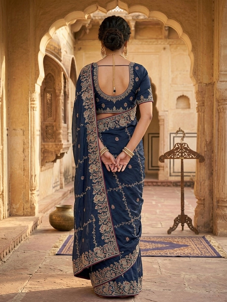Navy Blue Designer Satin Saree