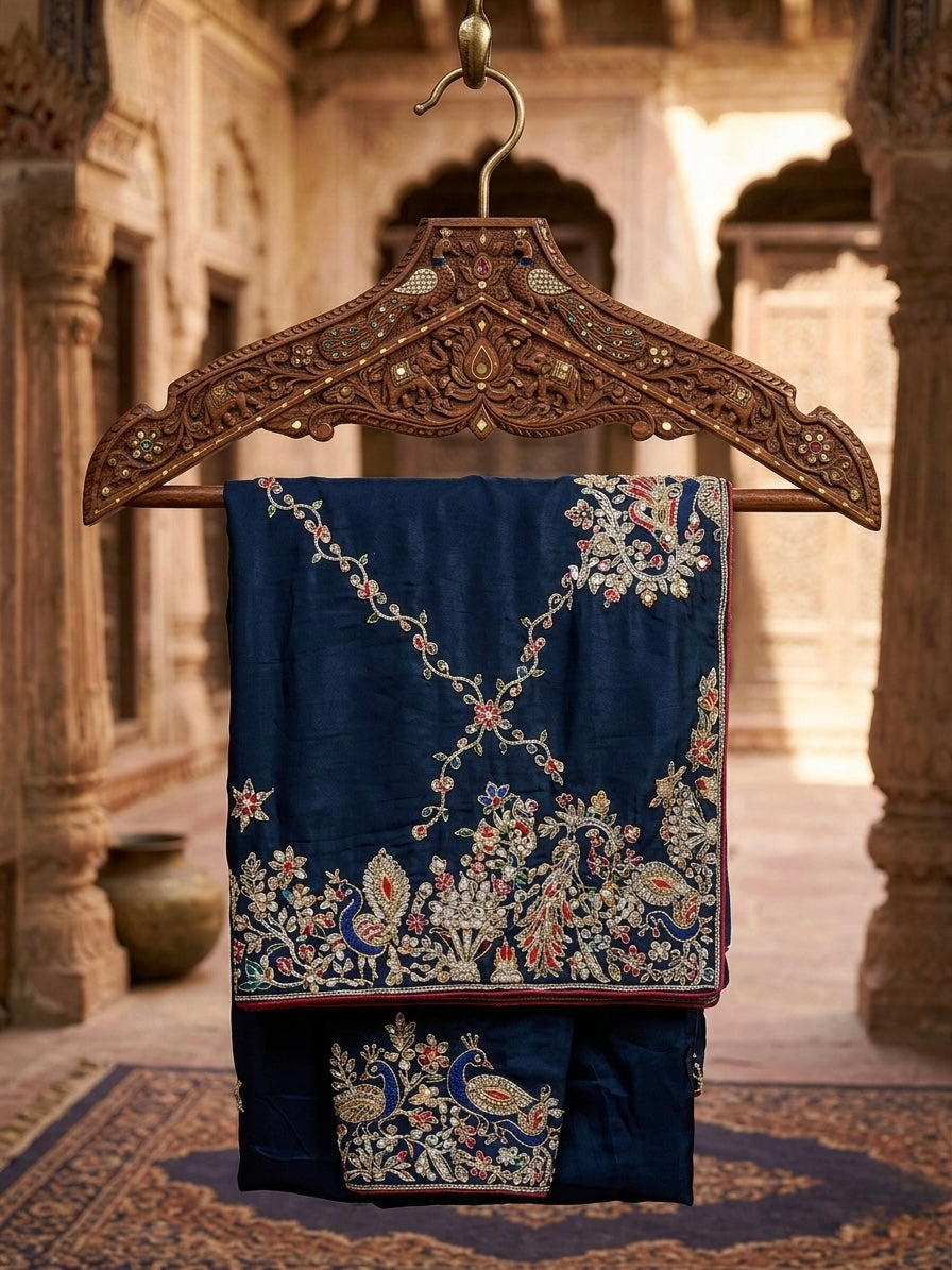 Navy Blue Designer Satin Saree