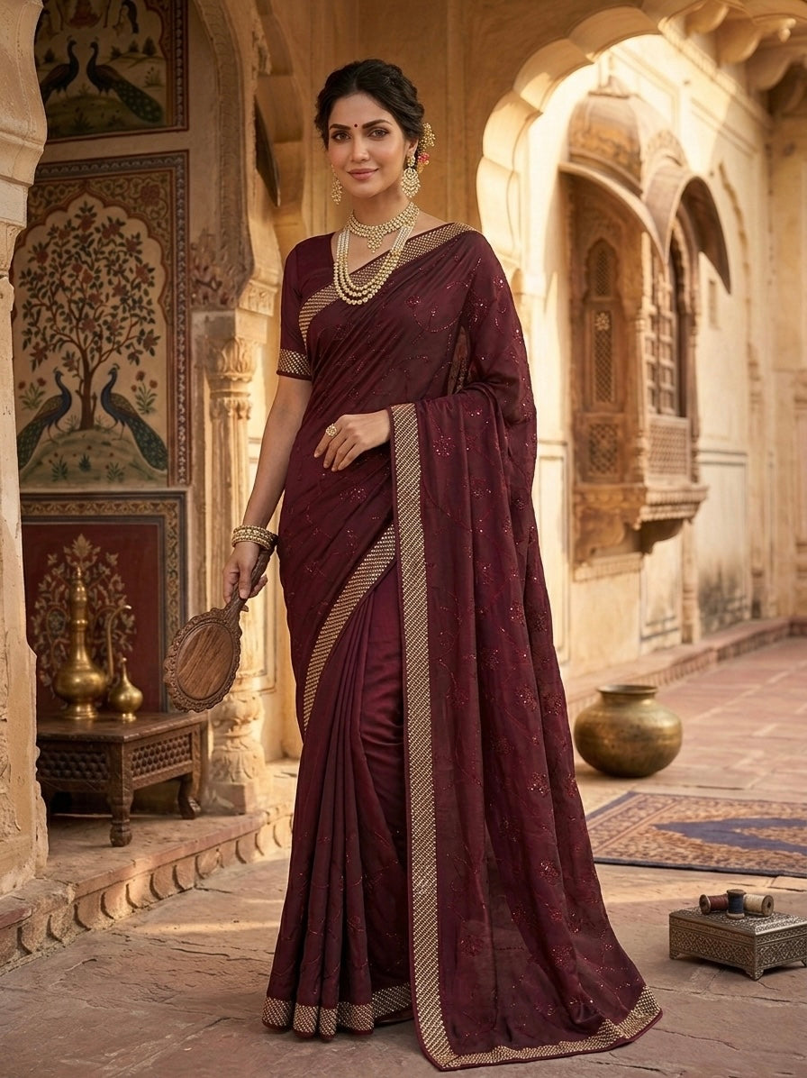 Designer Maroon Satin Saree
