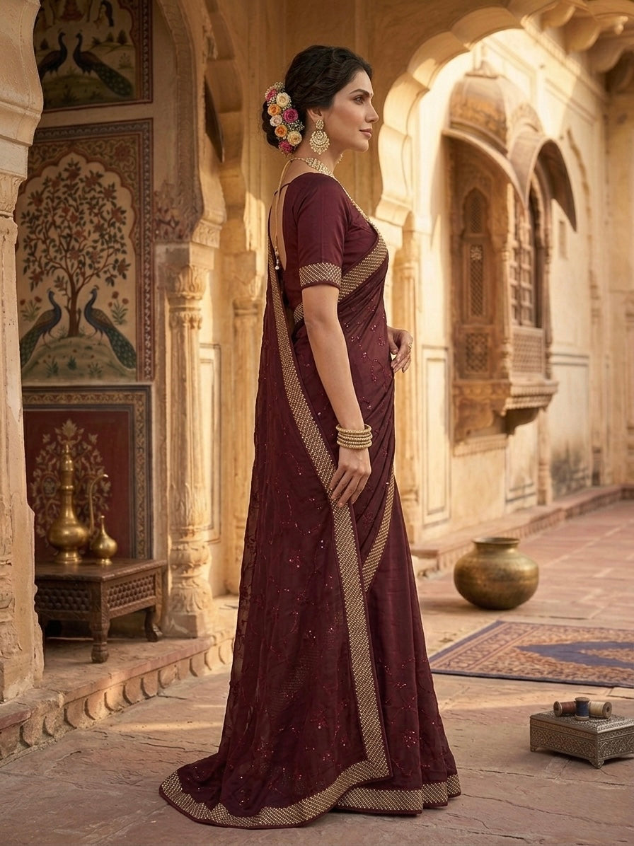 Designer Maroon Satin Saree