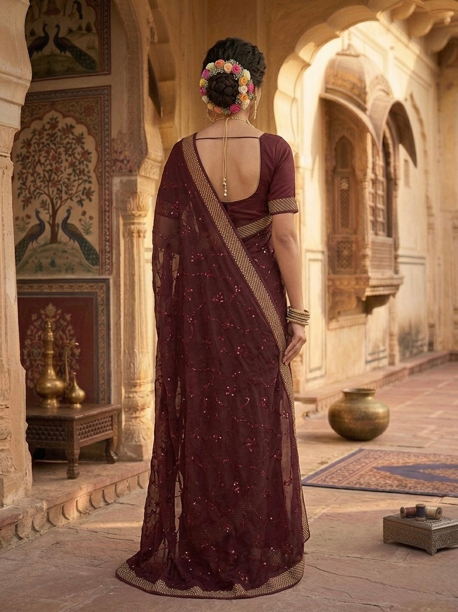 Designer Maroon Satin Saree