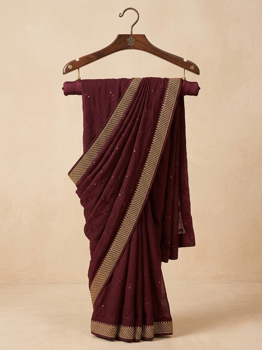 Designer Maroon Satin Saree