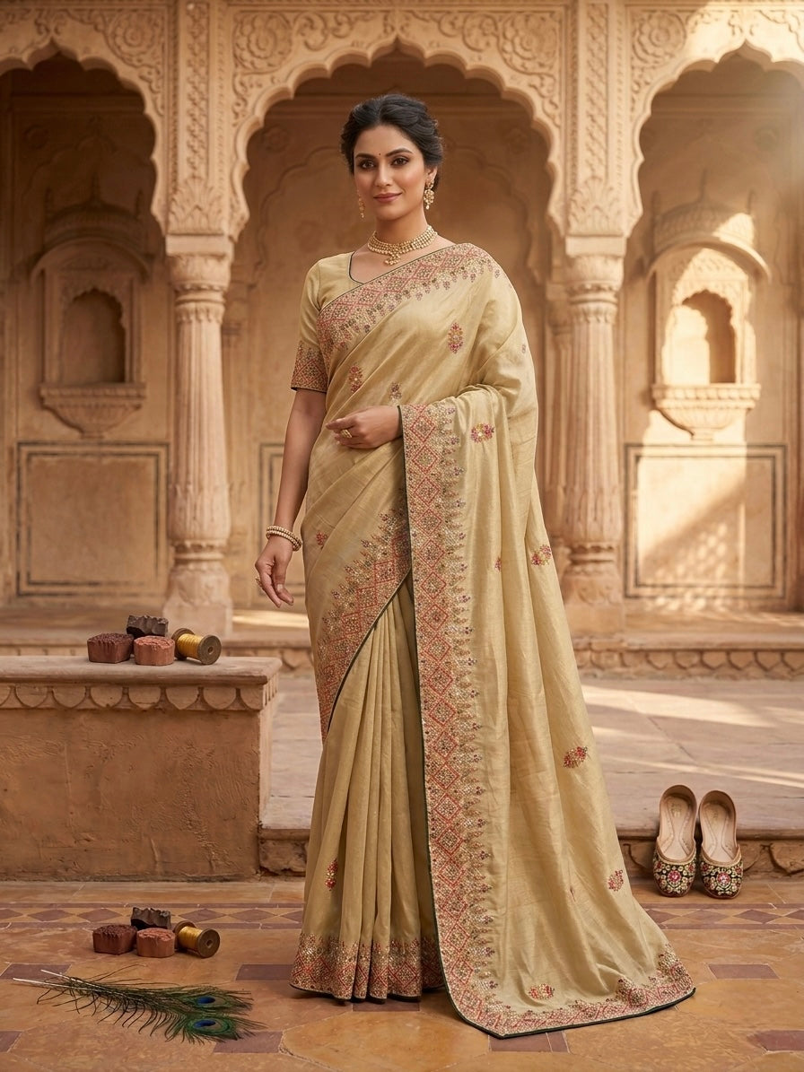 Gold Beige Poly Crepe Saree