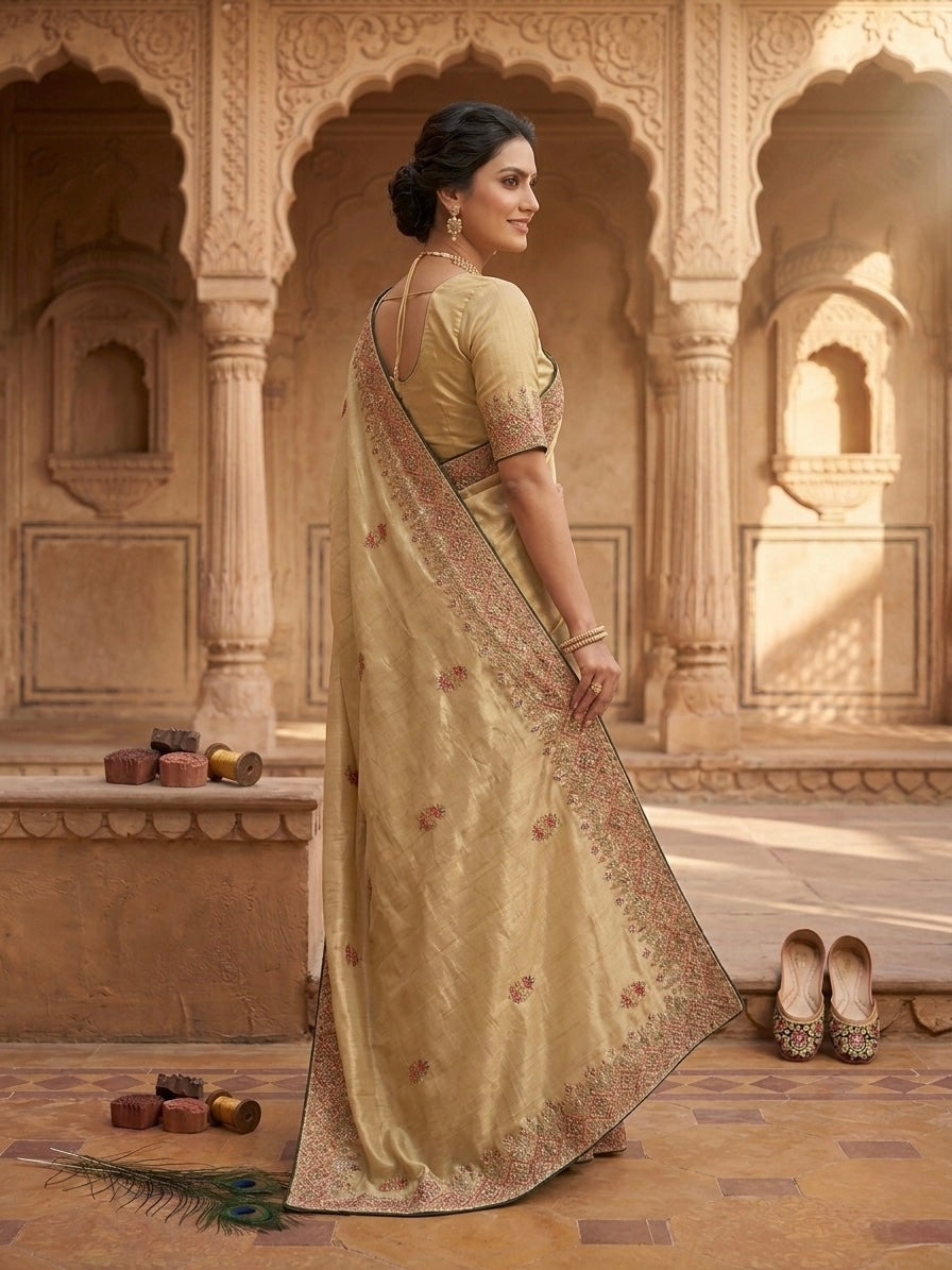 Gold Beige Poly Crepe Saree