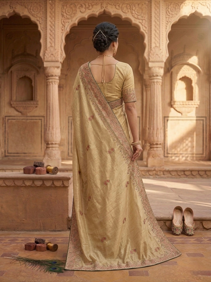 Gold Beige Poly Crepe Saree