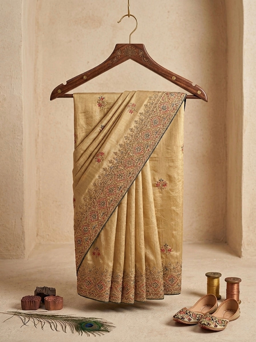 Gold Beige Poly Crepe Saree