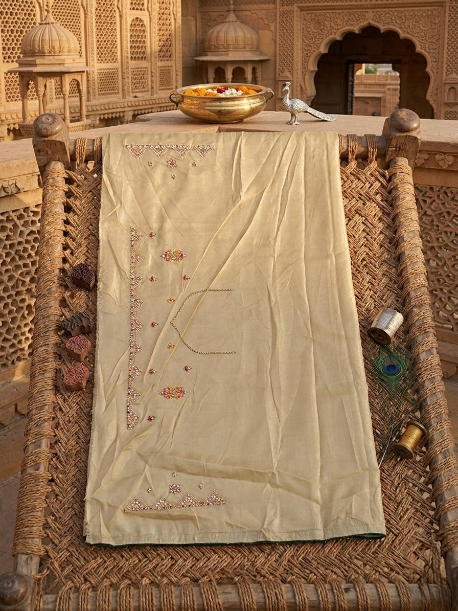 Gold Beige Poly Crepe Saree