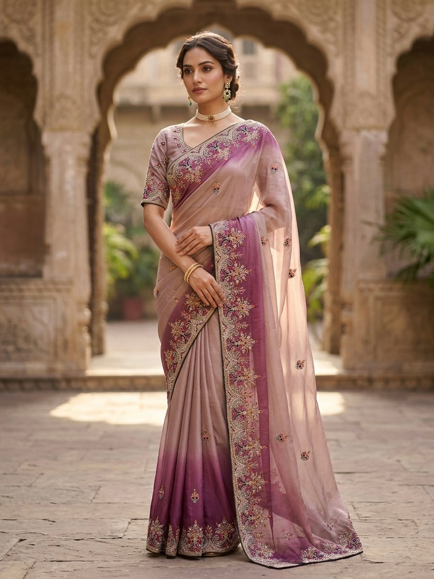 Pink Poly Crepe Designer Saree