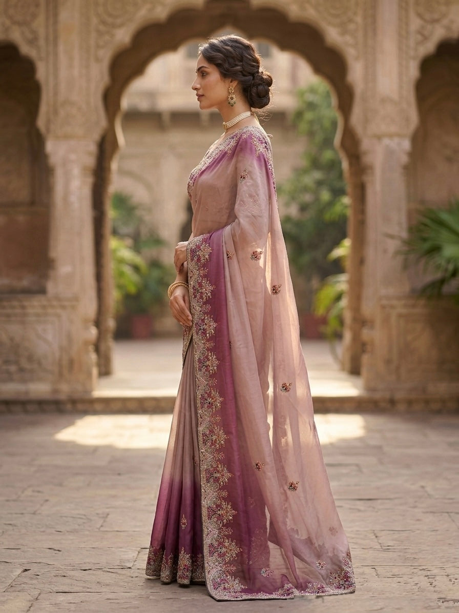 Pink Poly Crepe Designer Saree