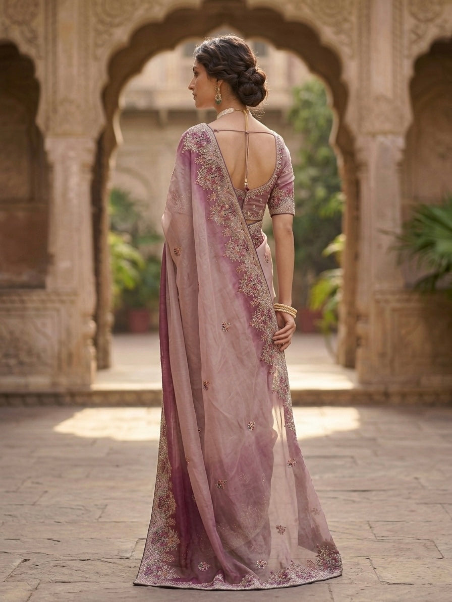 Pink Poly Crepe Designer Saree
