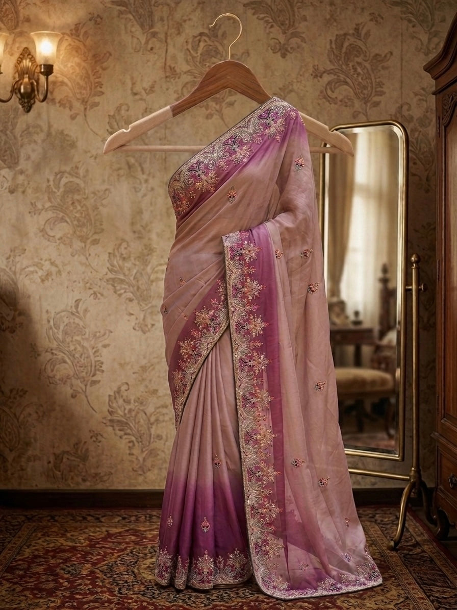 Pink Poly Crepe Designer Saree