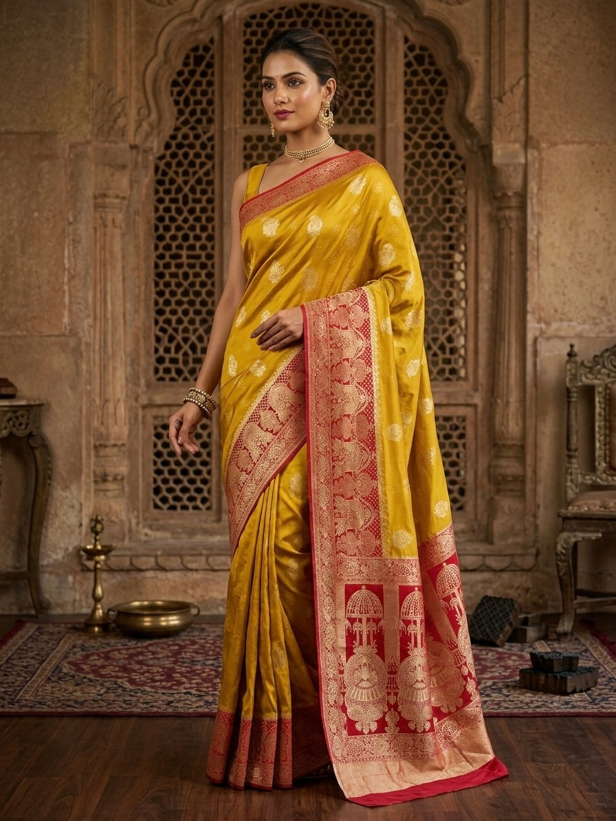 Yellow Pure Silk Designer Saree