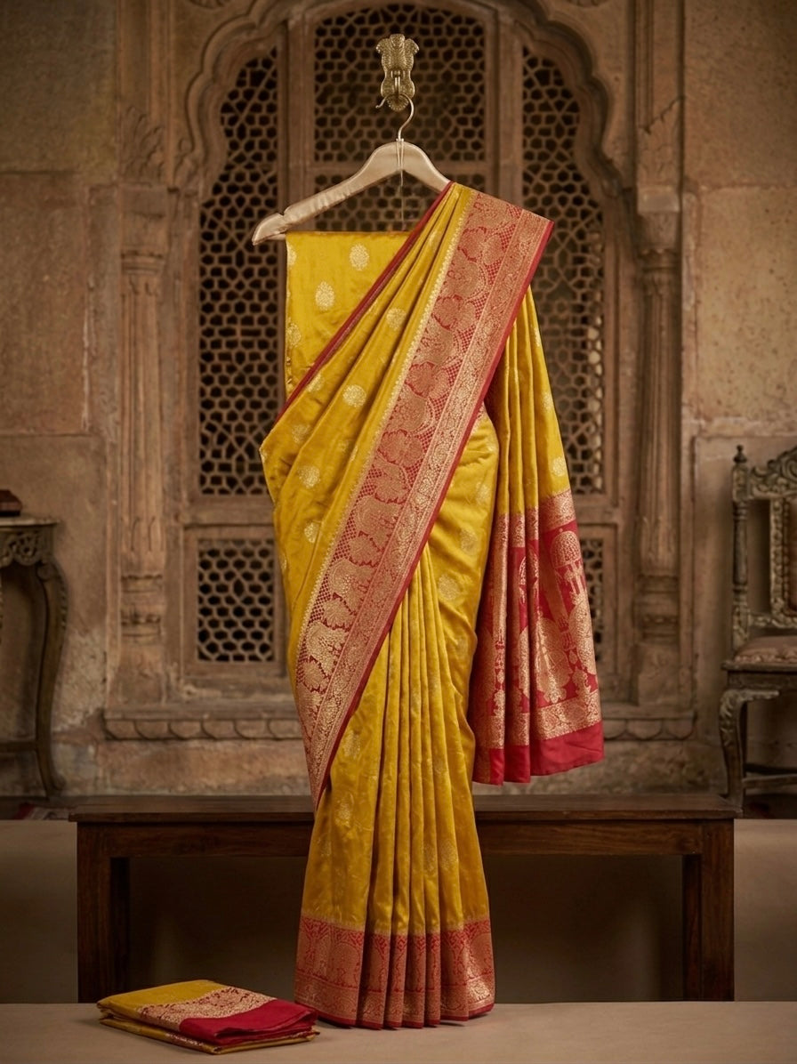 Yellow Pure Silk Designer Saree