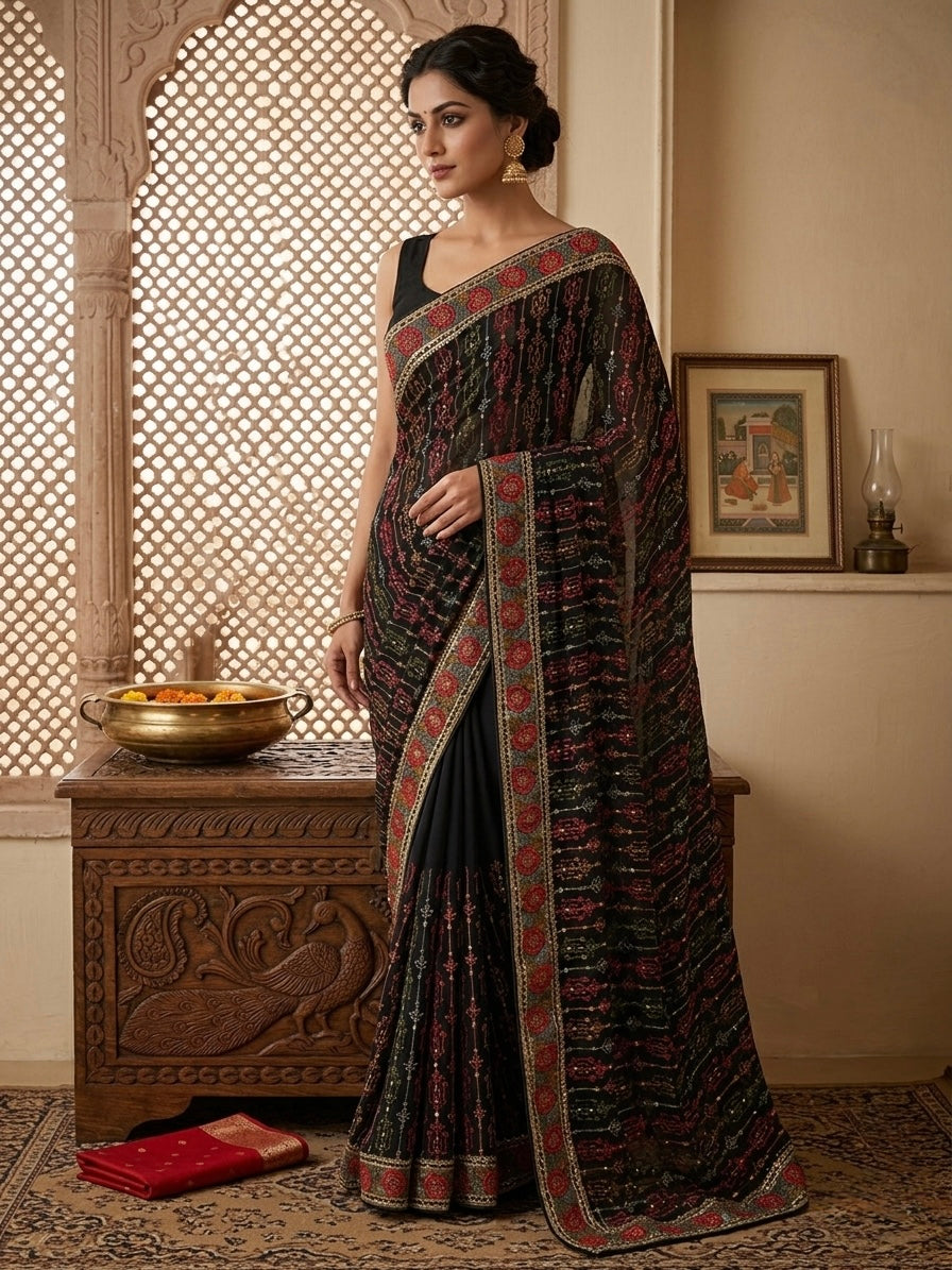 Black Poly Georgette Floral Saree