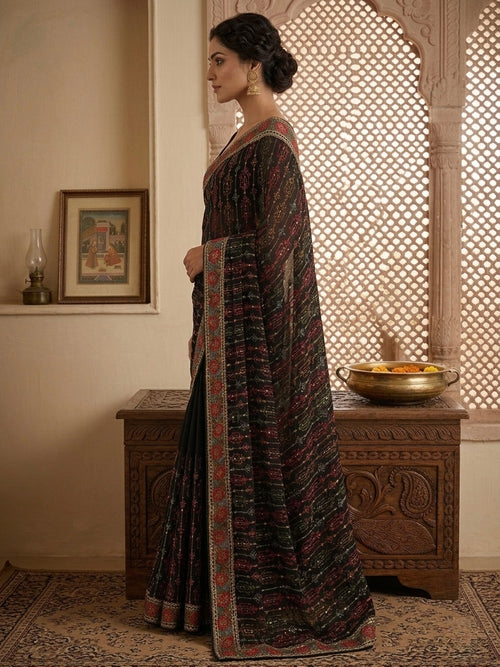 Black Poly Georgette Floral Saree