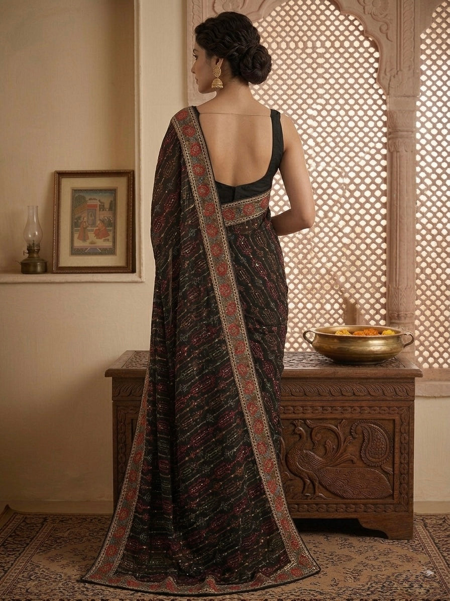 Black Poly Georgette Floral Saree