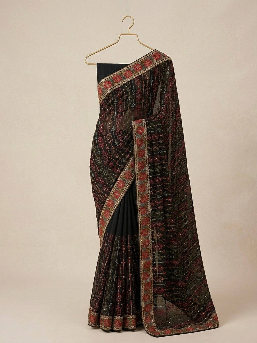 Black Poly Georgette Floral Saree