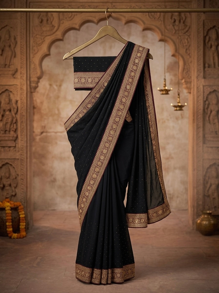 Bottle Green Poly Georgette Saree