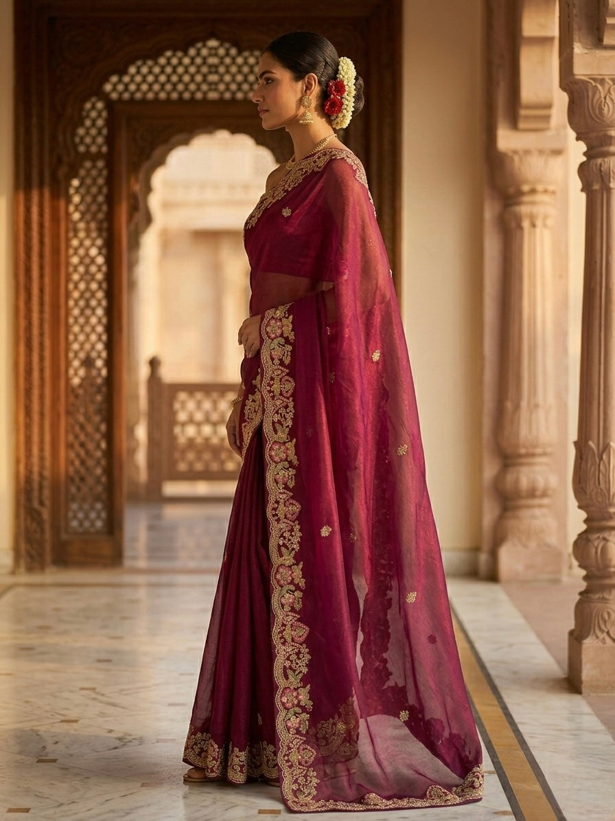 Maroon Tissue Embellished Saree