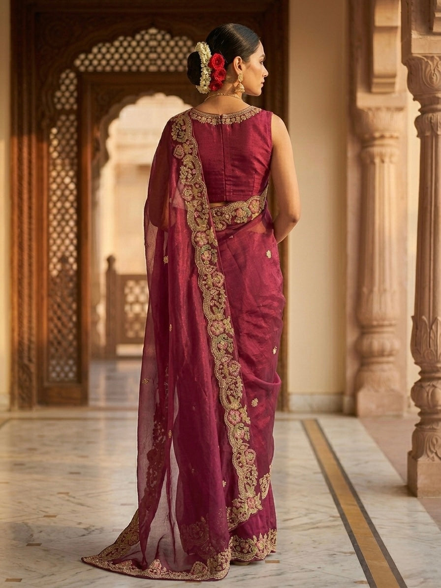 Maroon Tissue Embellished Saree