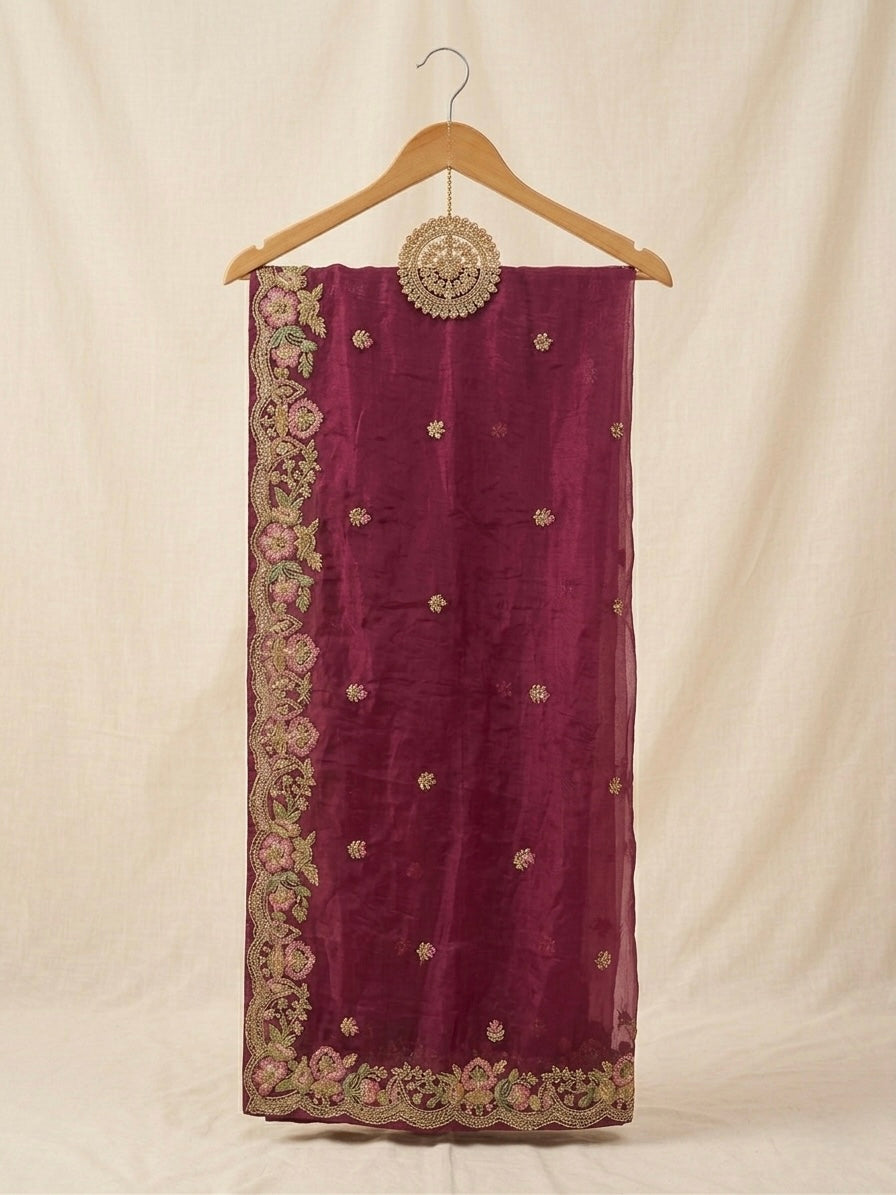 Maroon Tissue Embellished Saree