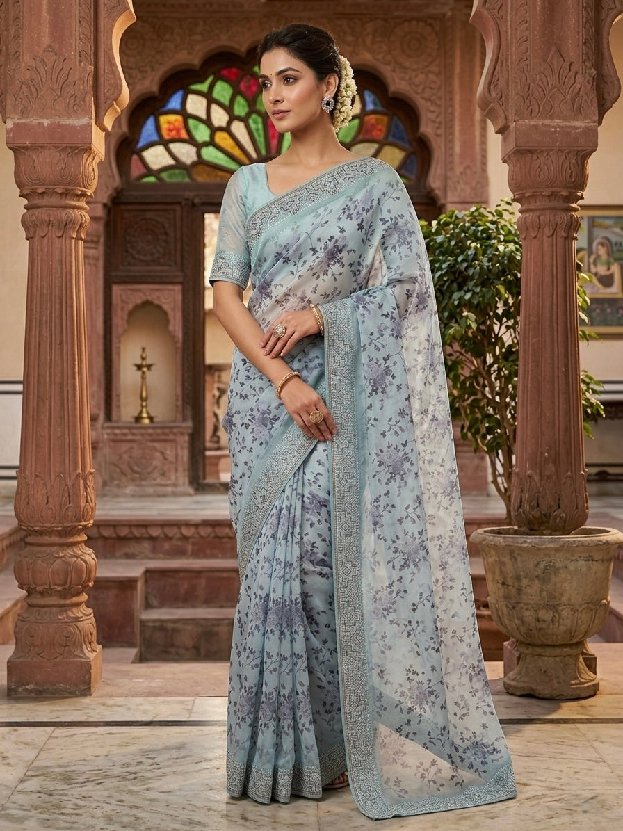 Blue Poly Georgette Saree