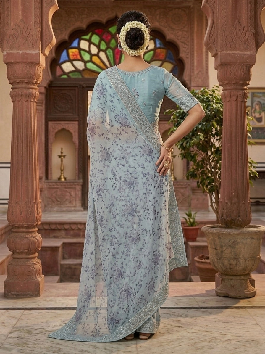 Blue Poly Georgette Saree