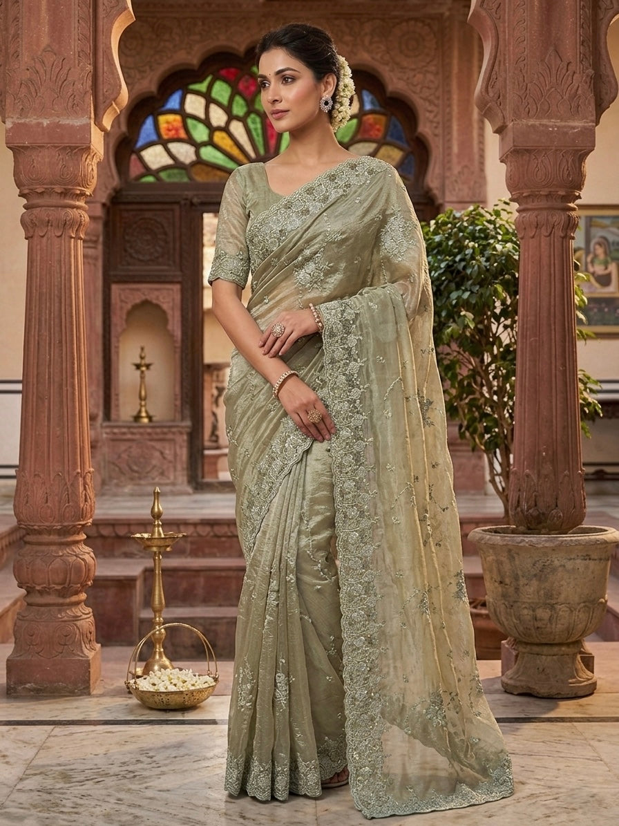 Sage Green Tissue Designer Saree