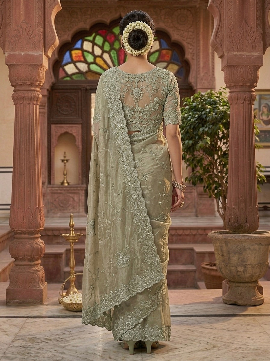 Sage Green Tissue Designer Saree