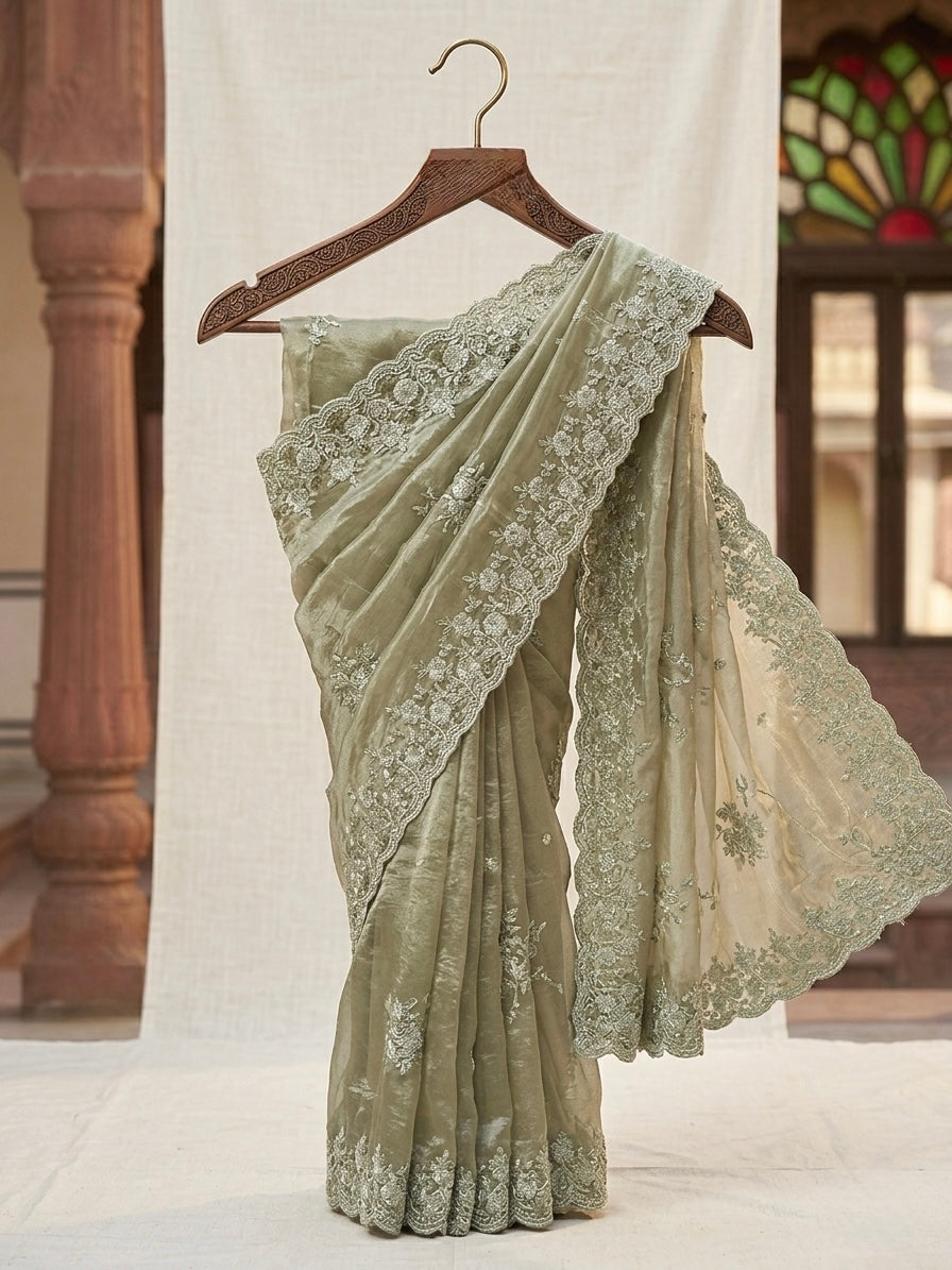 Sage Green Tissue Designer Saree