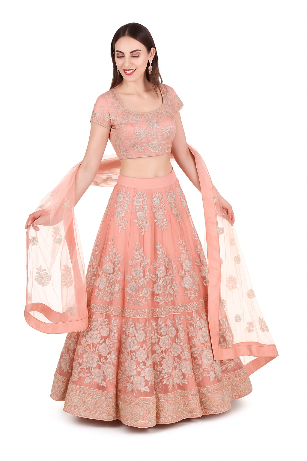 Peach Net Lehenga Set