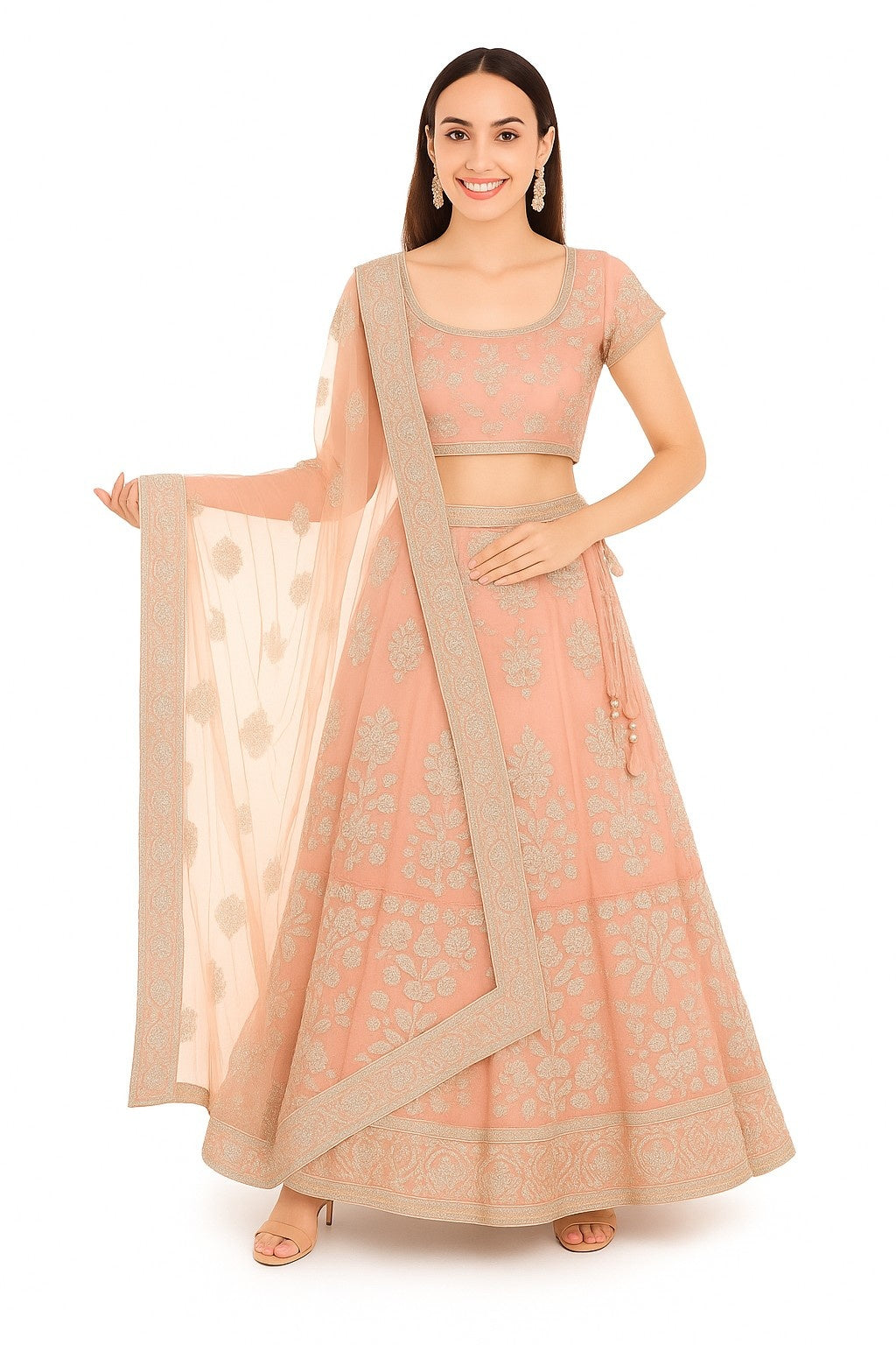 Peach Net Lehenga Set