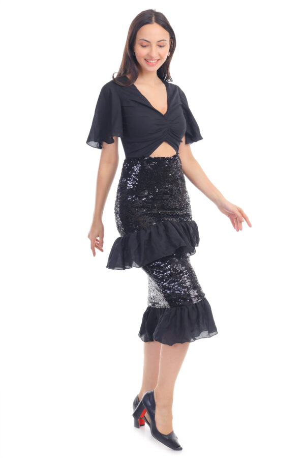 Black Sequin Ruffle Midi Dress - Image 4