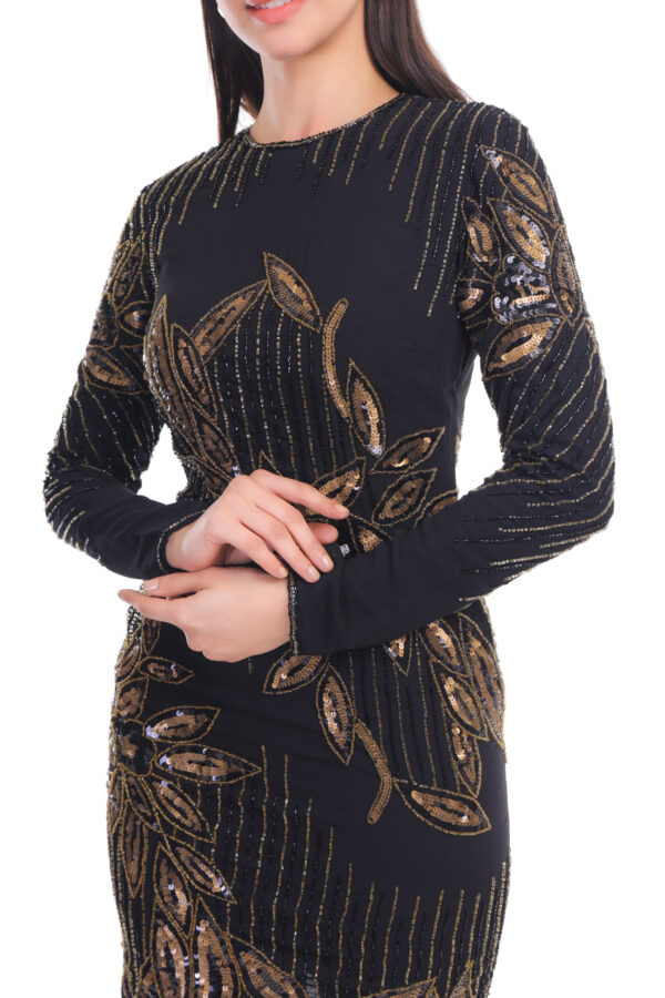 Elegant Black and Gold Embellished Cocktail Dress - Image 2