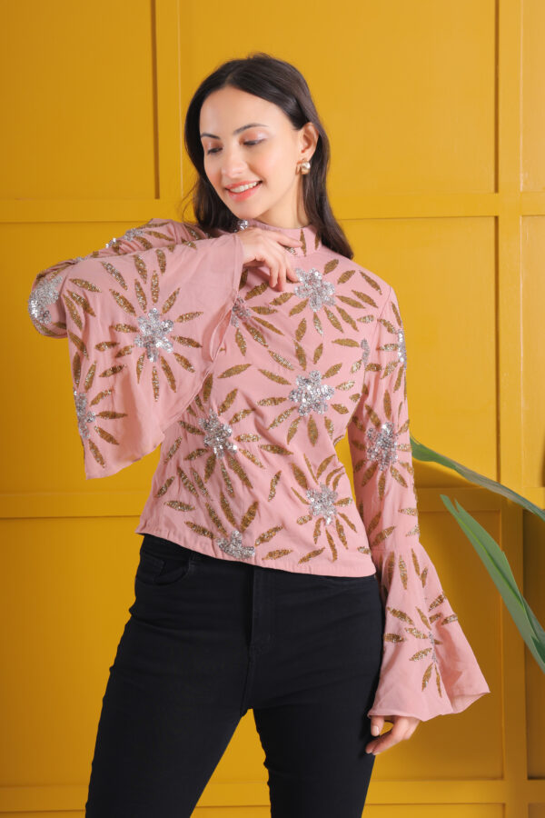 Blush Pink Embellished Bell-Sleeve Top - Image 3