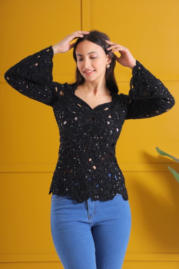 Black Cutwork Embellished Lace Top - Image 3