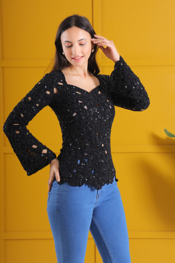 Black Cutwork Embellished Lace Top - Image 5