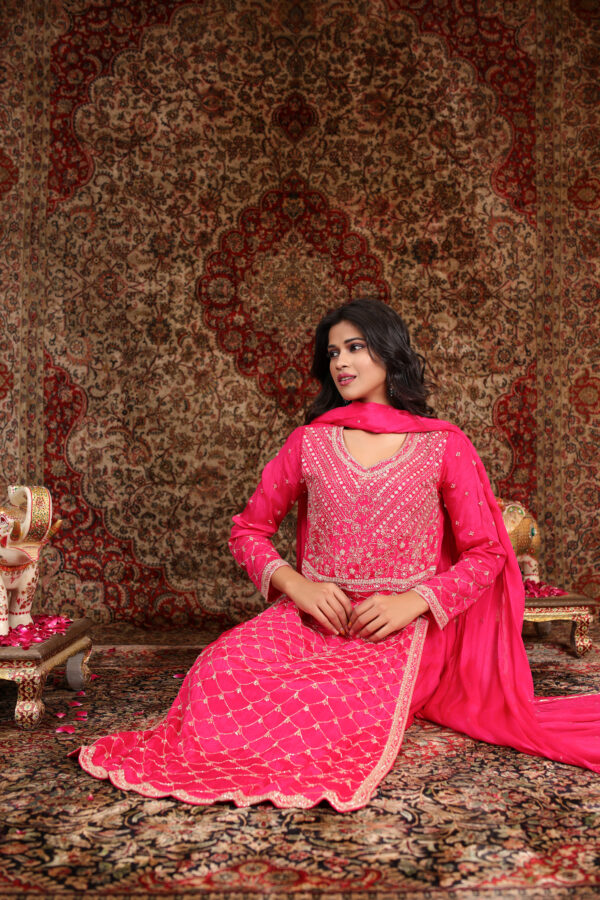 Radiant Pink Embroidered Chinon Suit - Image 2