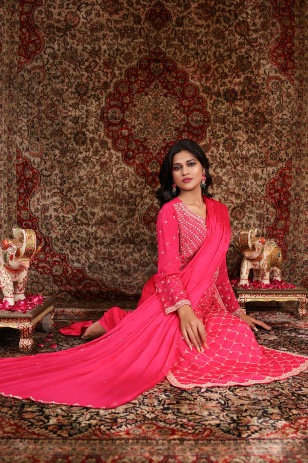 Radiant Pink Embroidered Chinon Suit