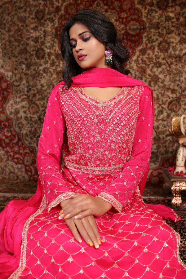 Radiant Pink Embroidered Chinon Suit - Image 4