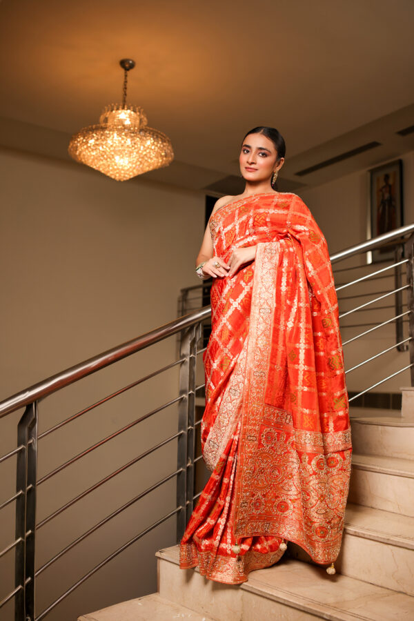 Radiant Orange Banarasi Silk Saree - Image 4