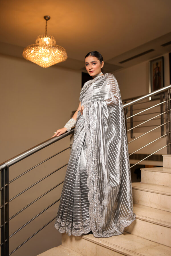 Radiant Silver Satin Silk Saree - Image 3