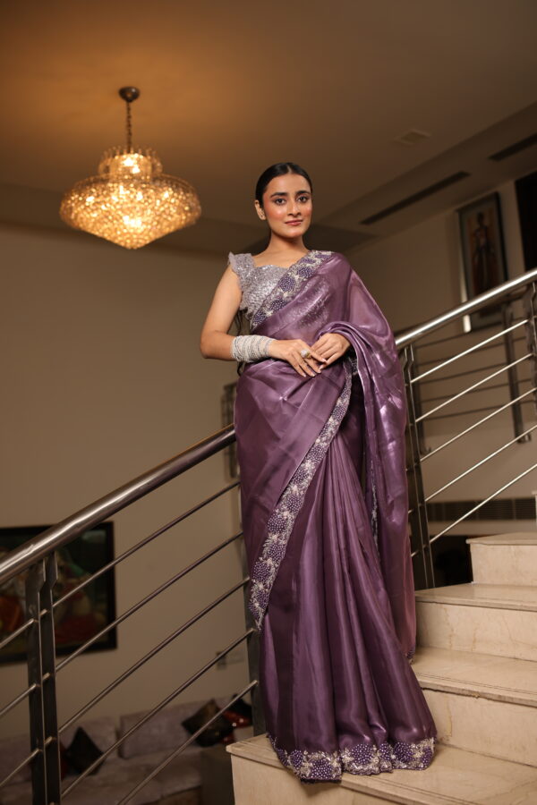 Elegant Purple Organza Satin Saree - Image 2