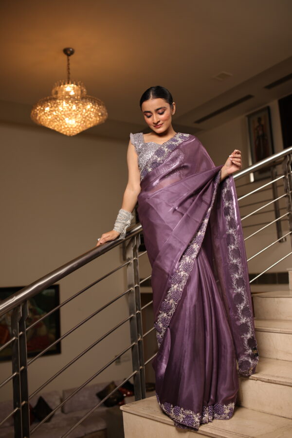 Elegant Purple Organza Satin Saree - Image 3