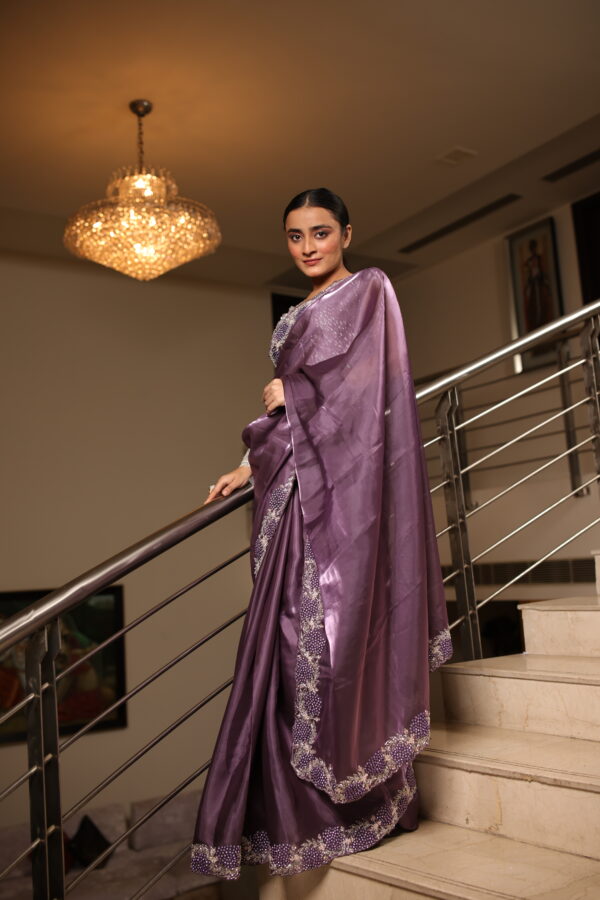 Elegant Purple Organza Satin Saree - Image 4